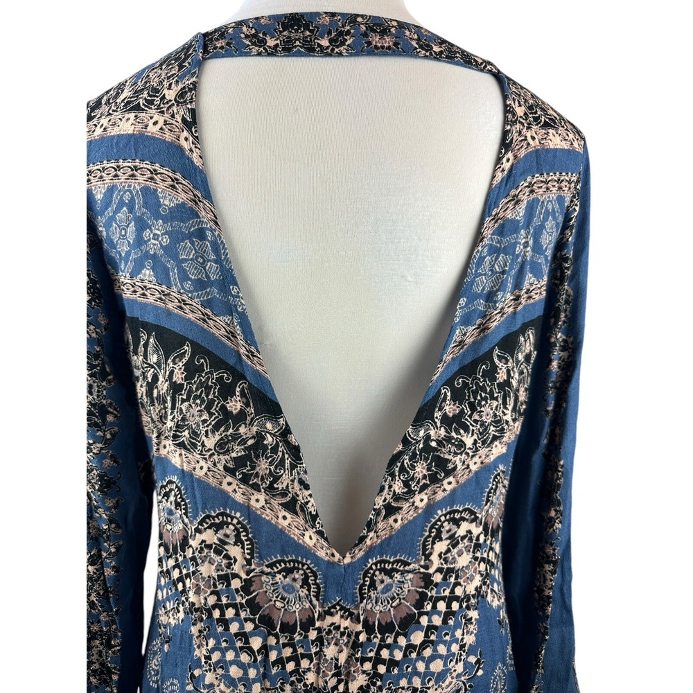 Free People Smooth Talker Tunic Mini Dress Geometric Boho Festival LS Blue Large - Picture 8 of 16